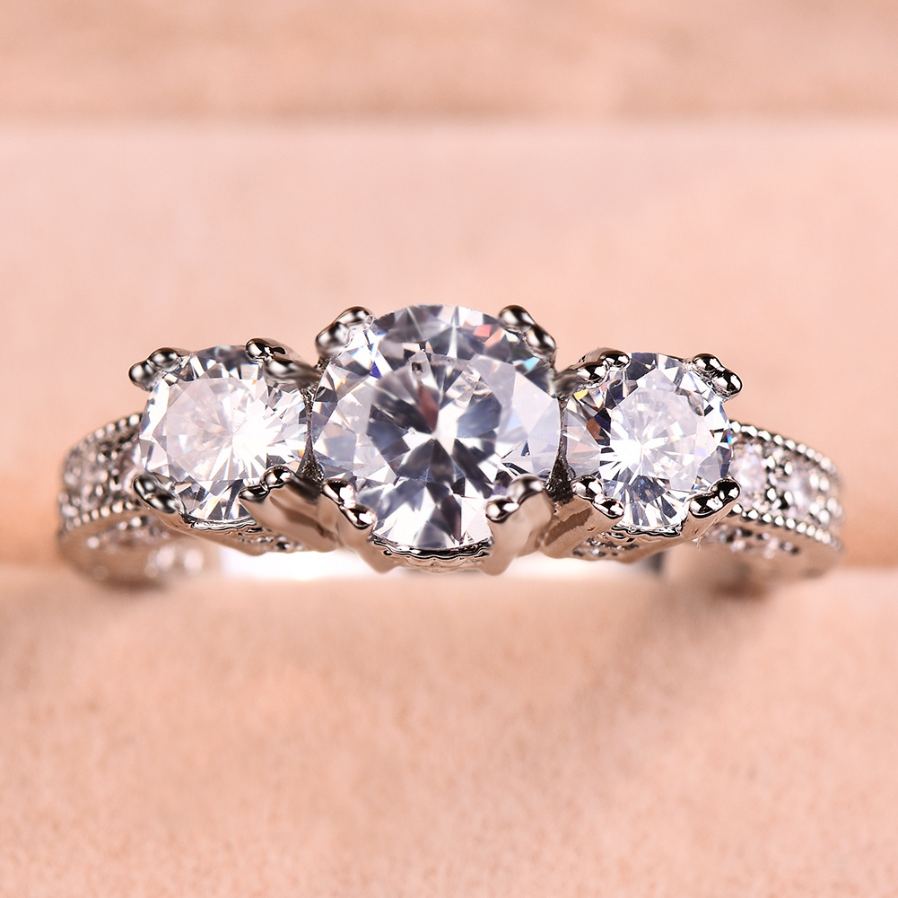 Silvery Three Stone Zirconia Engagement Wedding Band Ring